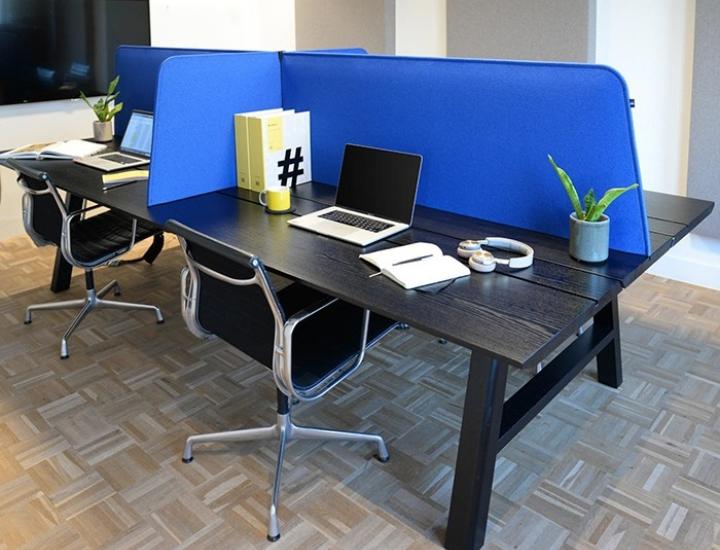 Cloison acoustique de bureau BuzziDesk sur grand plateau, organisation des câbles et écran masqué.