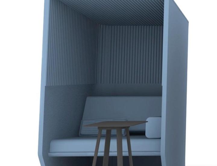 Alcôve acoustique BuzziHub BuzziSpace, structure tapissée tissu, vue sur fond blanc.