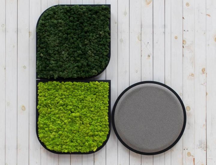 Panneau acoustique mural BuzziMood BuzziSpace, cadre métal thermolaqué et remplissage mousse de renne ou panneau tapissé, vue sur fond blanc.