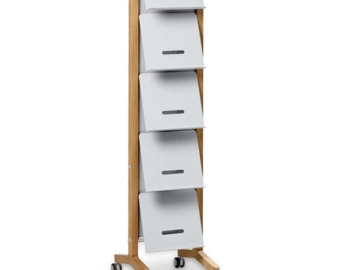 Présentoir à brochures mobile Cascando Round20 Single Wood – double-face, cadre chêne