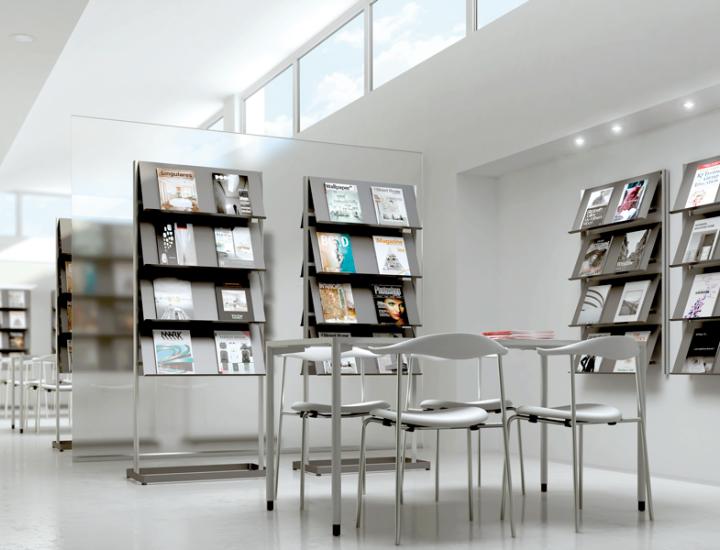 Flap Systemtronic – Présentoir à revues sur roulettes ou sur pieds pour bureaux et salles d'attente