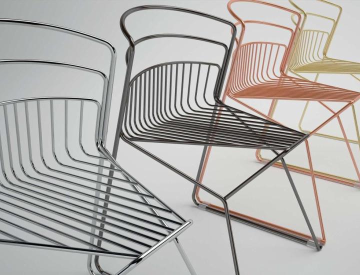 Ribelle Luxy – Chaise et tabouret en tiges d'acier entrelacées, intérieur et extérieur, 13 finitions